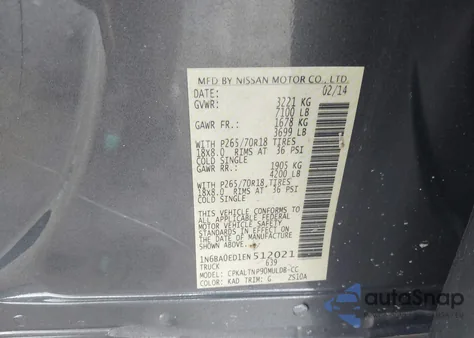 2014 Nissan Titan Sv из США, поврежденный, VIN 1N6BA0ED1EN512021